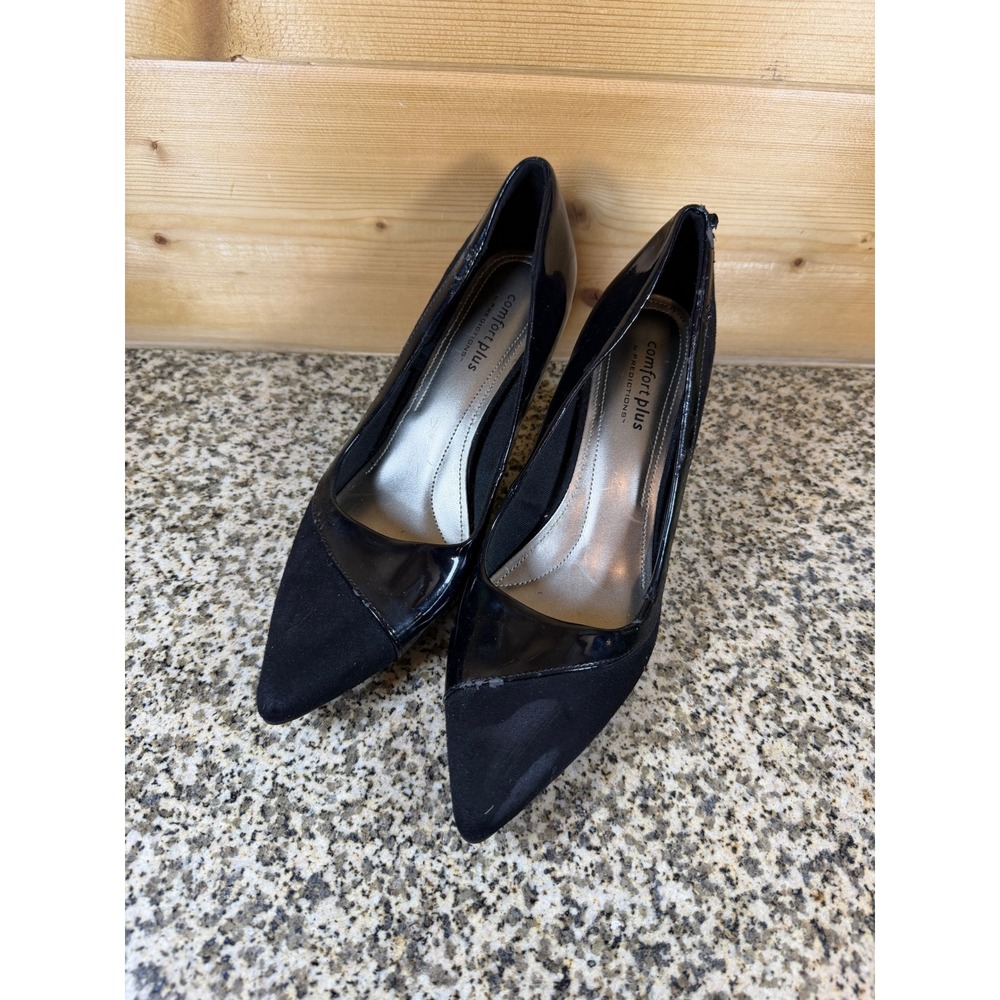 Comfort Plus by Predictions Womens Black Patent Suede Kitten Heel Pumps Size 8